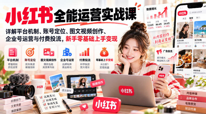 小红书全能运营实战课，详解平台机制、账号定位、图文视频创作、企业号运营与付费投流，新手零基础上手变现-小二项目网