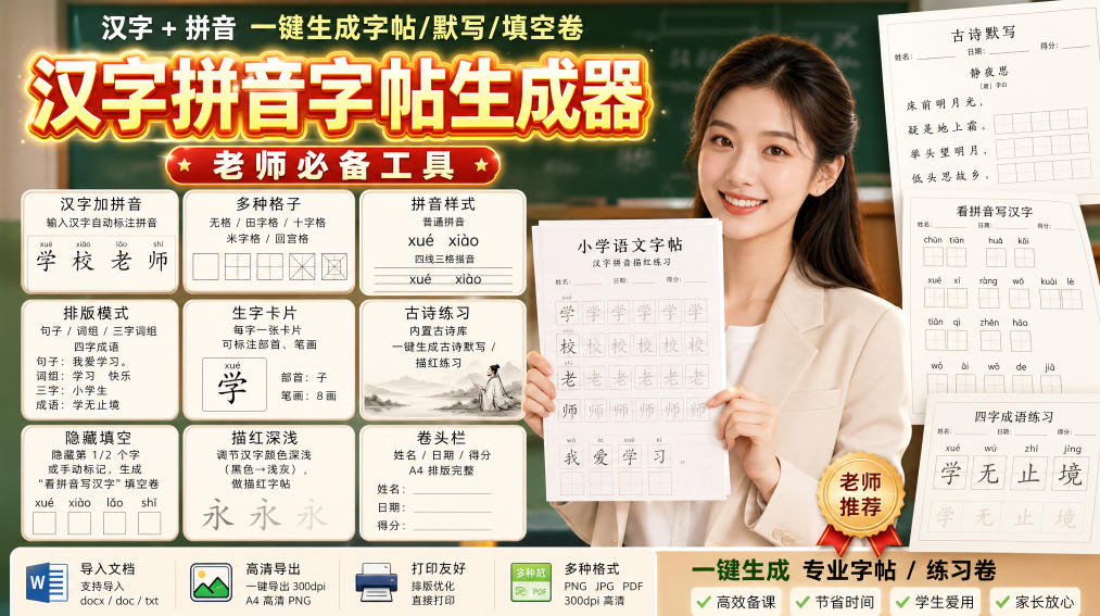 学习神器，汉字拼音字帖生成器，汉字+拼音 一键生成字帖/默写/填空卷，支持词组、成语，老师、家长必备-小二项目网