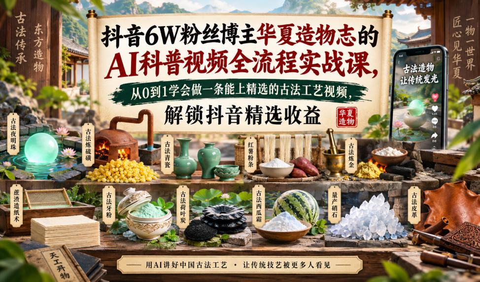 抖音6W粉丝博主华夏造物志的AI科普视频全流程实战课，从0到1学会做一条能上精选的古法工艺视频，解锁抖音精选收益-小二项目网