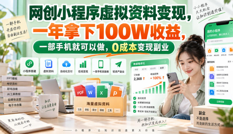 网创小程序虚拟资料变现，一年拿下100W收益，一部手机就可以做，0成本变现副业！【揭秘】-小二项目网