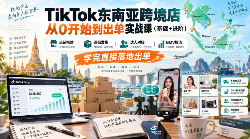 TikTok东南亚跨境店从0开始到出单实战课（基础+进阶），店铺搭建、选品发货、达人对接、GMV投流，学完直接落地出单-小二项目网
