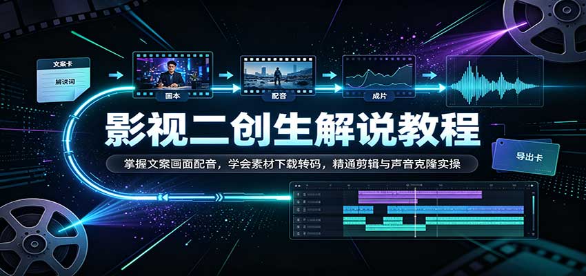 影视二创解说教程：掌握文案画面配音，学会素材下载转码，精通剪辑与声音克隆实操-小二项目网