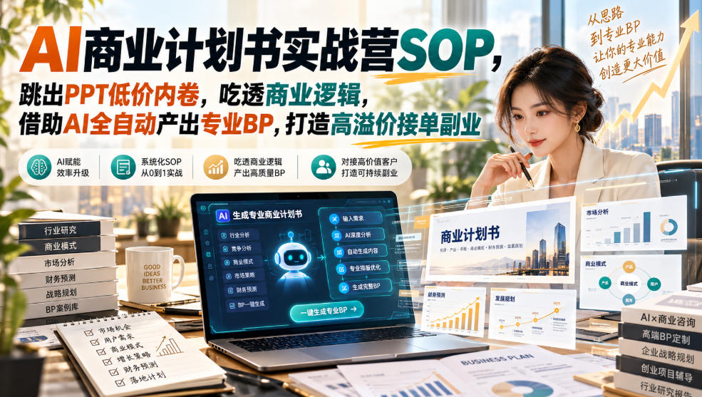 【无水印】AI商业计划书实战营SOP，跳出PPT低价内卷，吃透商业逻辑，借助AI全自动产出专业BP，打造高溢价接单副业-小二项目网