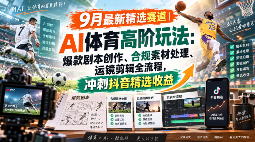 某大佬的9月最新精选赛道之AI体育顶级玩法，爆款剧本创作、版权规避、运镜剪辑全流程，稳拿抖音精选收益-小二项目网