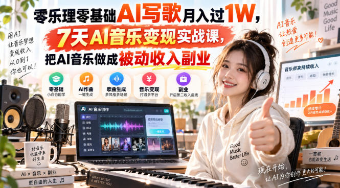 零乐理零基础AI写歌月入过1W，7天AI音乐变现实战课，把AI音乐做成被动收入副业-小二项目网