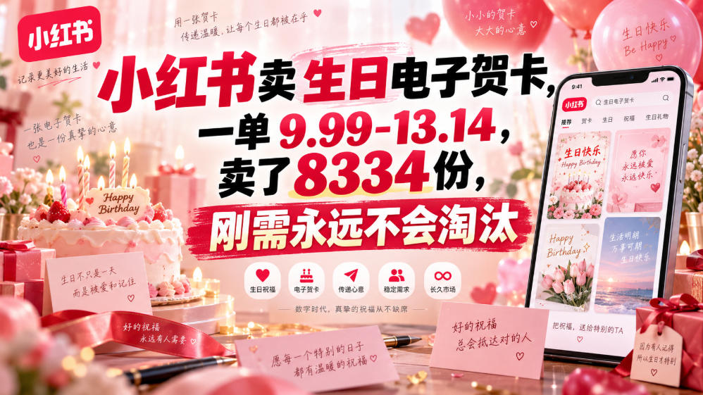 小红书卖生日电子贺卡，一单9.99-13.14，卖了8334份，刚需永远不会淘汰-小二项目网