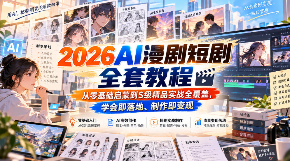 【无水印】2026AI漫剧短剧全套教程，从零基础启蒙到S级精品实战全覆盖，学会即落地、制作即变现-小二项目网