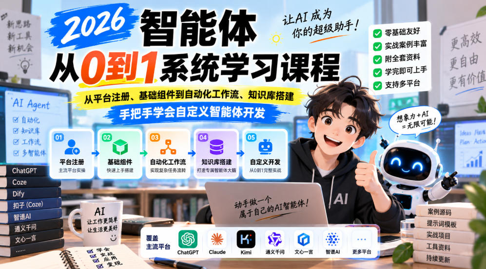 2026智能体从0到1系统学习课程，从平台注册、基础组件到自动化工作流、知识库搭建，手把手学会自定义智能体开发-小二项目网