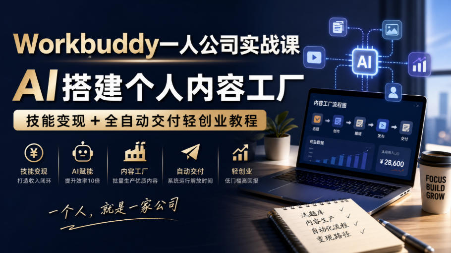 Workbuddy一人公司实战课，AI搭建个人内容工厂，技能变现+全自动交付轻创业教程​-小二项目网