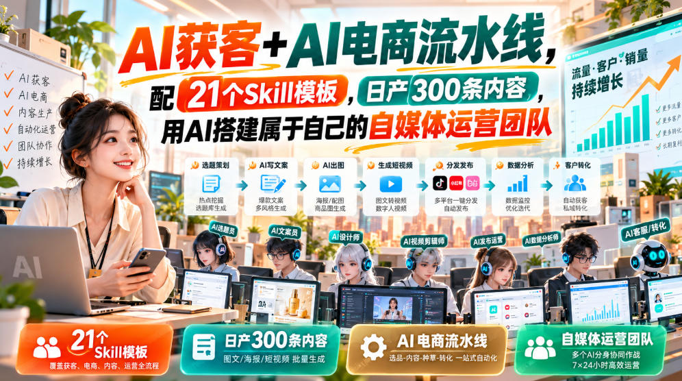 AI获客+AI电商流水线，配21个Skill模板，日产300条内容，用AI搭建属于自己的自媒体运营团队-小二项目网