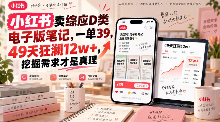 小红书卖综应D类电子版笔记，一单39，49天狂澜12w+，挖掘需求才是真理-小二项目网
