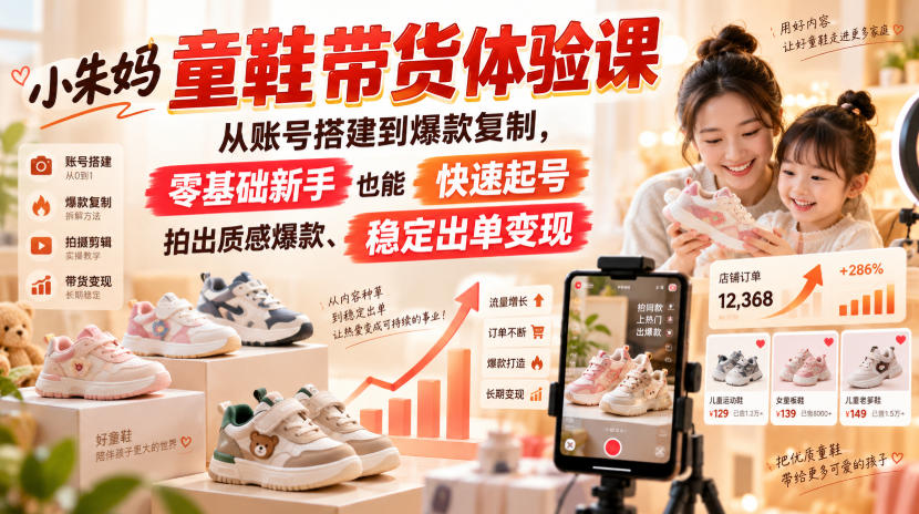 小朱妈童鞋带货体验课，从账号搭建到爆款复制，零基础新手也能快速起号、拍出质感爆款、稳定出单变现-小二项目网