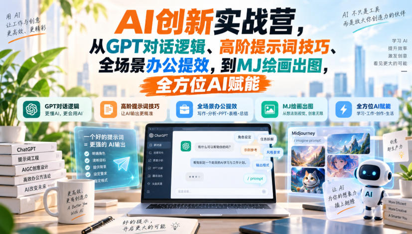 AI创新实战营，从GPT对话逻辑、高阶提示词技巧、全场景办公提效，到MJ绘画出图，全方位AI赋能-小二项目网