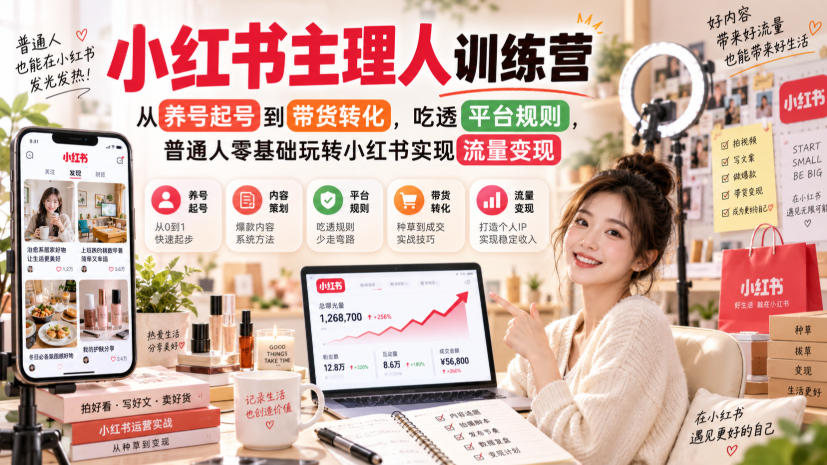 小红书主理人训练营，从养号起号到带货转化，吃透平台规则，普通人零基础玩转小红书实现流量变现-小二项目网