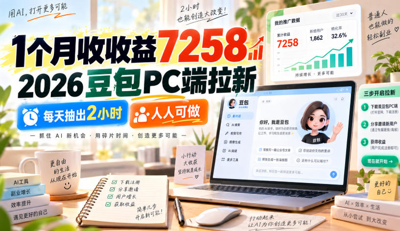 1个月收收益7258，2026豆包PC端拉新，每天抽出2小时，人人可做-小二项目网