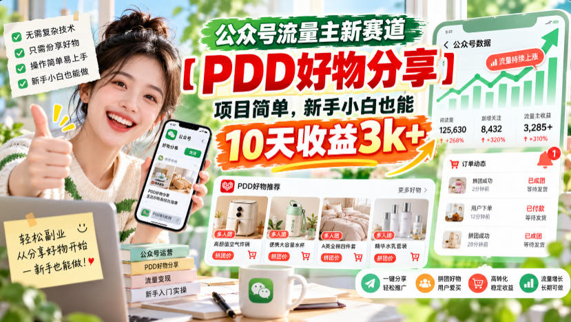 公众号流量主新赛道【PDD好物分享】，项目简单，新手小白也能10天收益3k+-小二项目网