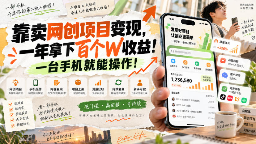 靠卖网创项目变现，一年拿下百个W收益！一台手机就能操作！【揭秘】-小二项目网