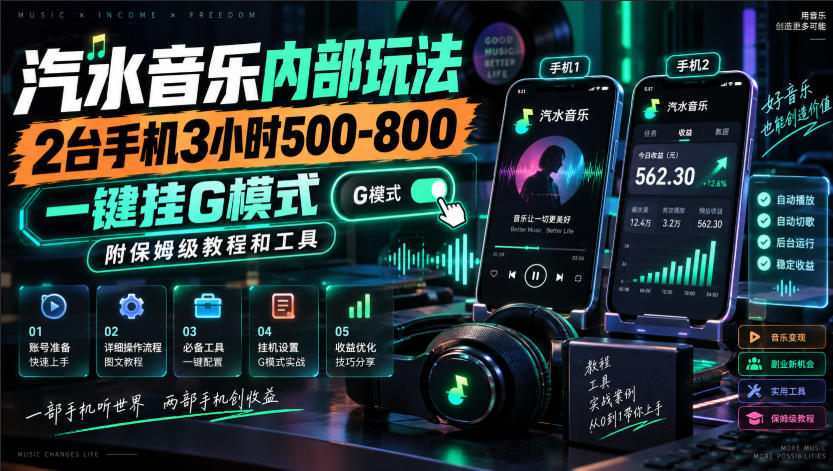 汽水音乐内部玩法，2台手机3小时500-800，一键挂G模式，附保姆级教程和工具【揭秘】-小二项目网