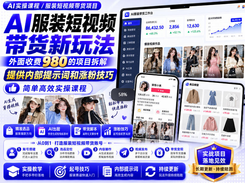 外面收费980AI快手带货系统课程，内部课程首次外放，操作简单高效，一分钟一条爆款视频-小二项目网