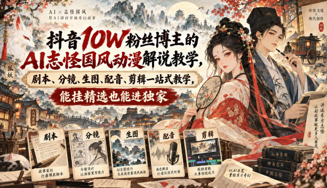 抖音10W粉丝博主的AI志怪国风动漫解说教学，剧本、分镜、生图、配音、剪辑一站式教学，能挂精选也能进独家​-小二项目网