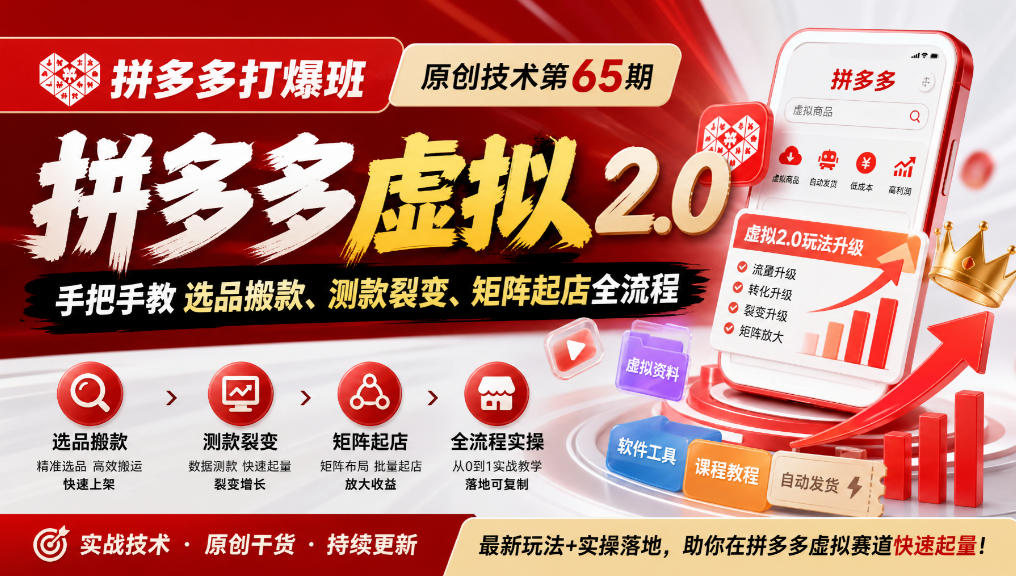 《拼多多打爆班》原创技术第65期，拼多多虚拟2.0，手把手教选品搬款、测款裂变、矩阵起店全流程-小二项目网