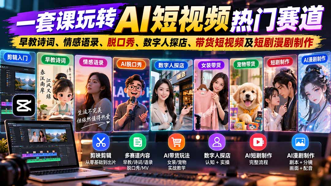 （20964期）一套课玩转AI短视频热门赛道：早教诗词、情感语录、脱口秀、数字人探店、带货短视频及短剧漫剧制作  复制标题-小二项目网