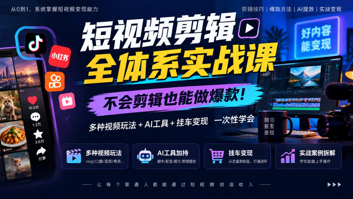 短视频剪辑全体系实战课，不会剪辑也能做爆款，多种视频玩法+AI工具+挂车变现一次性学-小二项目网