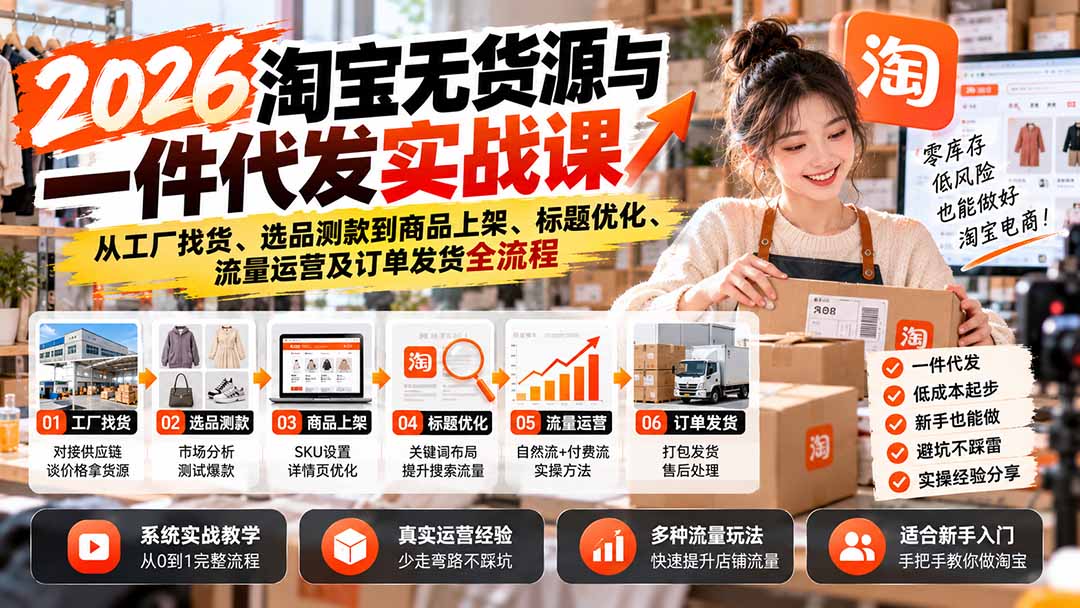 （20903期）2026淘宝无货源与一件代发实战课：从工厂找货、选品测款到商品上架、标题优化、流量运营及订单发货全流程-小二项目网