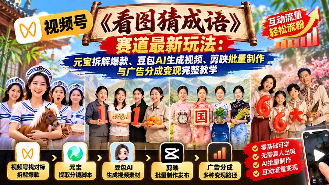 （21060期）视频号《看图猜成语》赛道最新玩法：元宝拆解爆款、豆包AI生成视频、剪映批量制作与广告分成变现完整教学-小二项目网