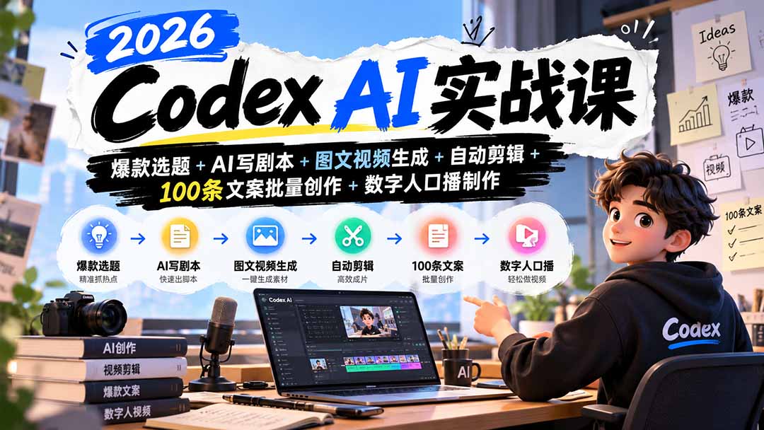（20899期）2026Codex AI实战课：爆款选题+AI写剧本+图文视频生成+自动剪辑+100条文案批量创作+数字人口播制作-小二项目网
