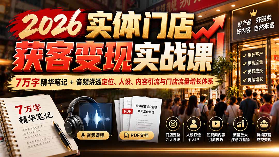 （20832期）2026实体门店获客变现实战课：7万字精华笔记+音频讲透定位、人设、内容引流与门店流量增长体系-小二项目网