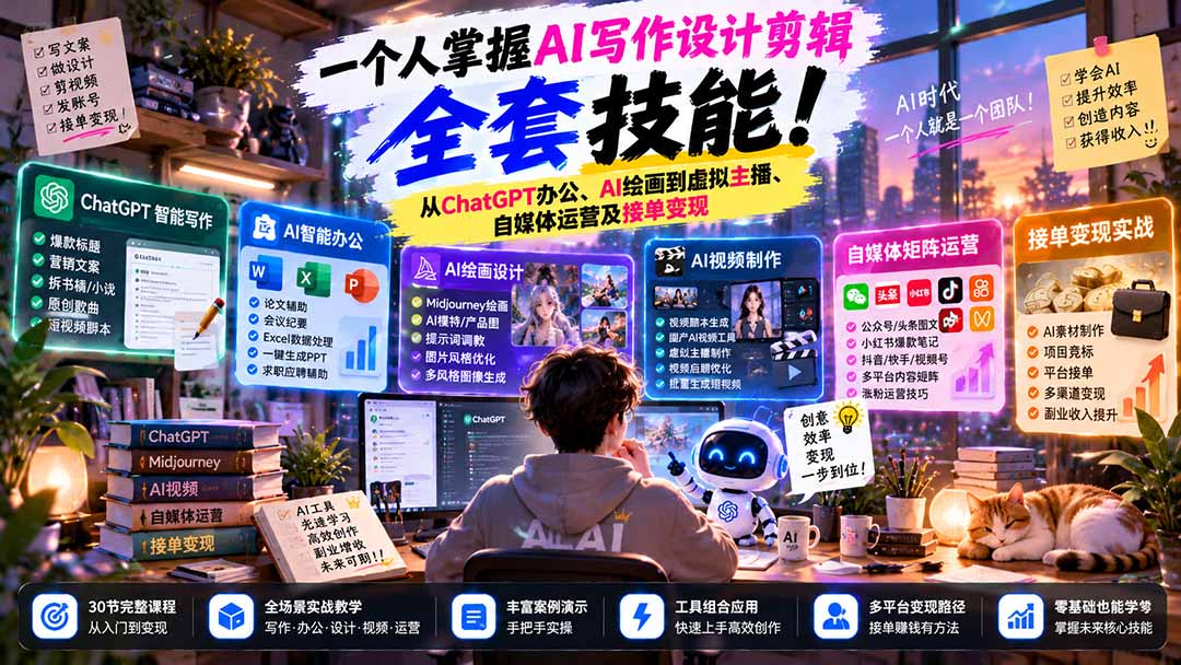 （21029期）一个人掌握AI写作设计剪辑全套技能：从ChatGPT办公、AI绘画到虚拟主播、自媒体运营及接单变现-小二项目网