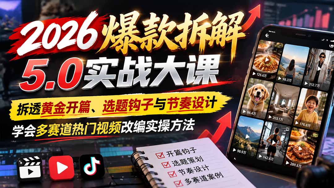 （21110期）2026爆款拆解5.0实战大课：拆透黄金开篇、选题钩子与节奏设计，学会多赛道热门视频改编实操方法-小二项目网