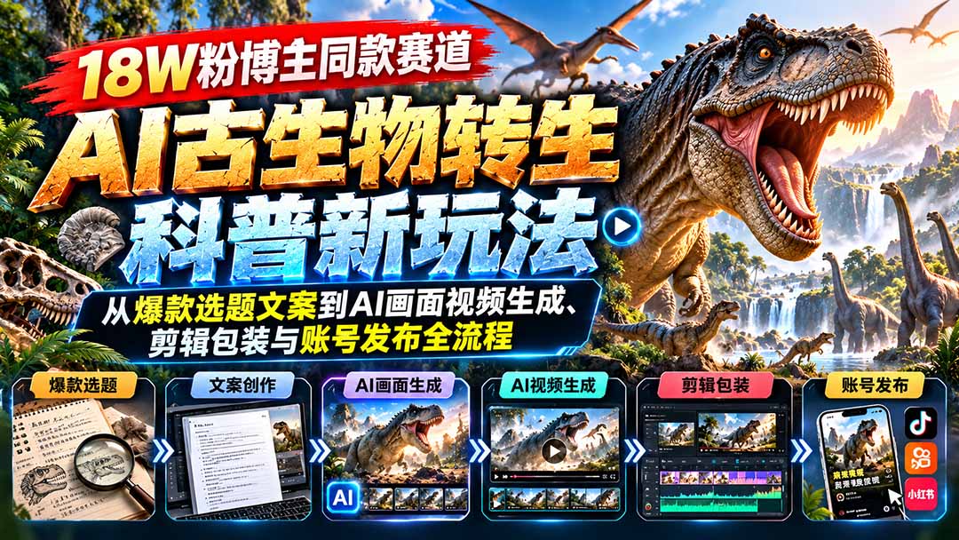 （20833期）18W粉博主同款赛道-AI古生物转生科普新玩法：从爆款选题文案到AI画面视频生成、剪辑包装与账号发布全流程-小二项目网