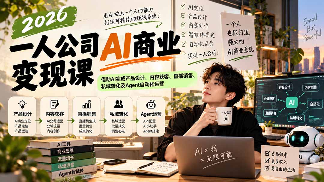 （20901期）2026一人公司AI商业变现课：借助AI完成产品设计、内容获客、直播销售、私域转化及Agent自动化运营-小二项目网