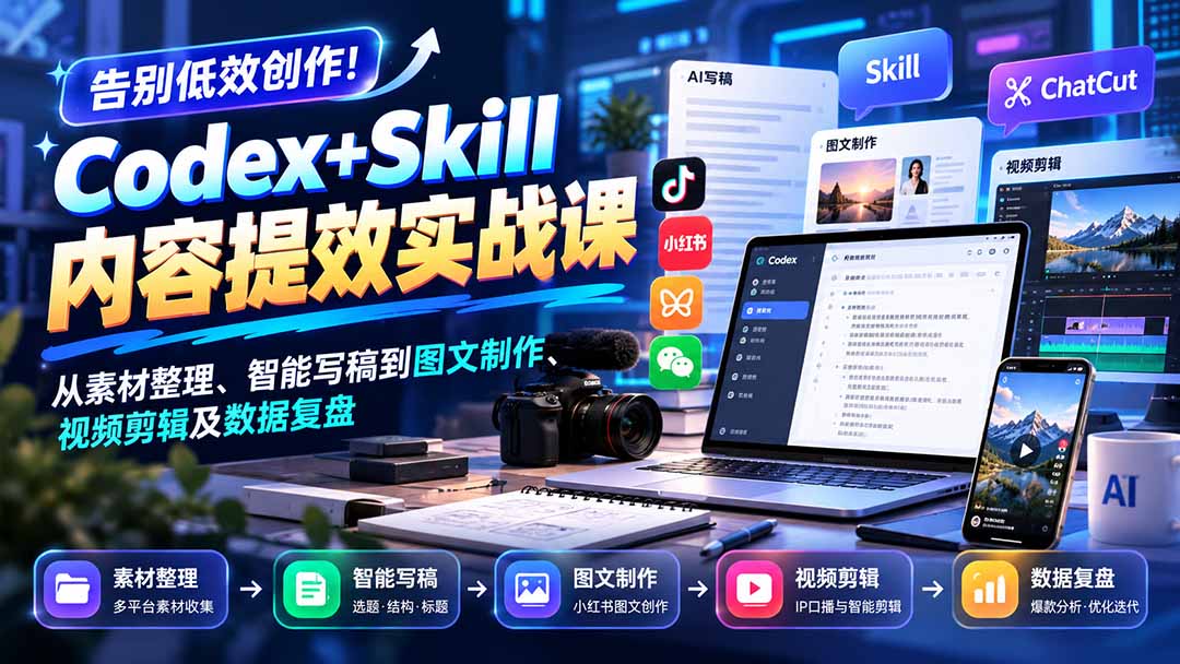 （20915期）【无水印】告别低效创作！Codex+Skill内容提效实战课：从素材整理、智能写稿到图文制作、视频剪辑及数据复盘-小二项目网