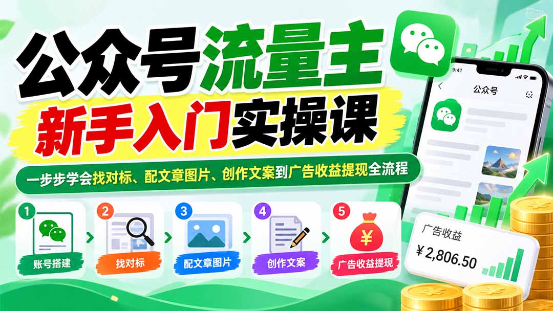 （20816期）公众号流量主新手入门实操课：一步步学会找对标、配文章图片、创作文案到广告收益提现全流程-小二项目网