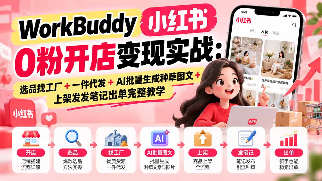（20801期）WorkBuddy小红书0粉开店变现实战：选品找工厂+一件代发+AI批量生成种草图文+上架发发笔记出单完整教学-小二项目网