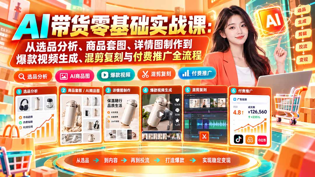 （20856期）AI带货零基础实战课：从选品分析、商品套图、详情图制作到爆款视频生成、混剪复刻与付费推广全流程-小二项目网