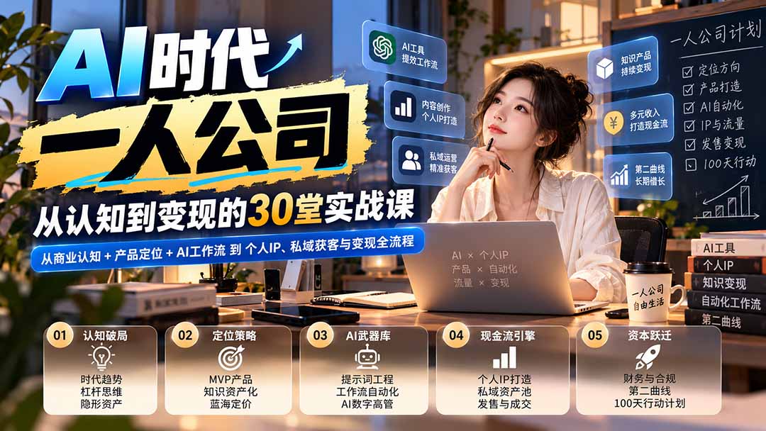 （20847期）【无水印】AI时代一人公司30堂实战课：从商业认知+产品定位+AI工作流到个人IP、私域获客与变现全流程-小二项目网
