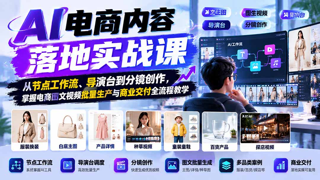 （21136期）AI电商内容落地实战课：从节点工作流、导演台到分镜创作，掌握电商图文视频批量生产与商业交付全流程教学-小二项目网