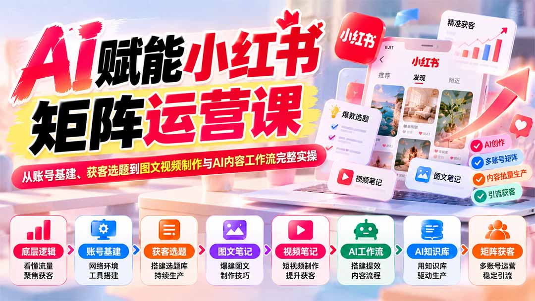（20822期）AI赋能小红书矩阵运营课：从账号基建、获客选题到图文视频制作与AI内容工作流完整实操-小二项目网