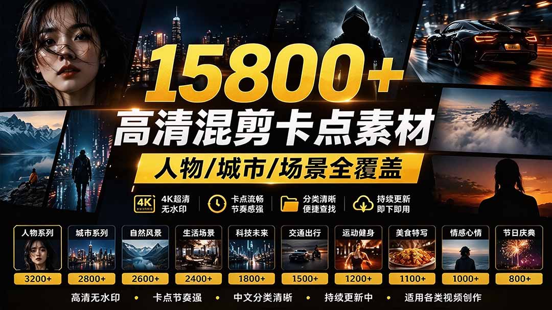 （21008期）【影视剪辑素材合集】15800+高清混剪卡点｜热门影视精彩片段｜人物/城市/场景全覆盖，中文分类清晰-小二项目网