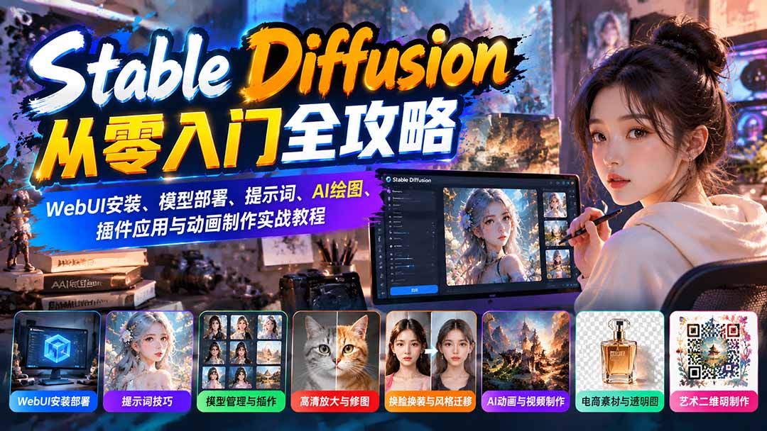 （21062期）Stable Diffusion从零入门全攻略：WebUI安装、模型部署、提示词、AI绘图、插件应用与动画制作实战教程-小二项目网