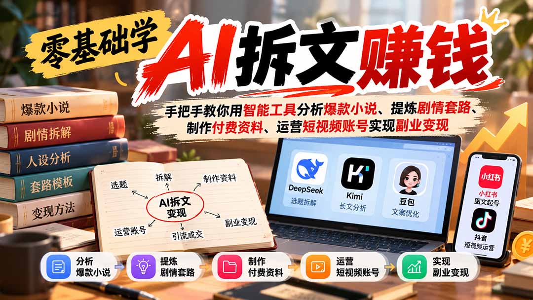 （21030期）零基础学AI拆文赚钱：手把手教你用智能工具分析爆款小说、提炼剧情套路、制作付费资料、运营短视频账号实现副业变现-小二项目网