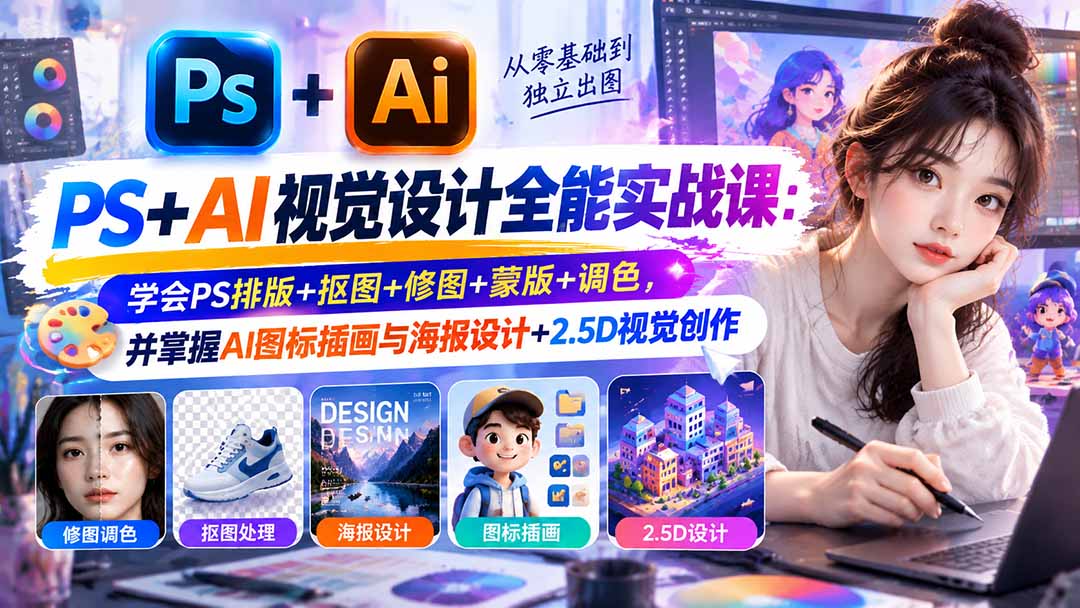 （20749期）【无水印】PS+AI视觉设计全能实战课：学会PS排版+抠图+修图+蒙版+调色，并掌握AI图标插画与海报设计+2.5D视觉创作-小二项目网