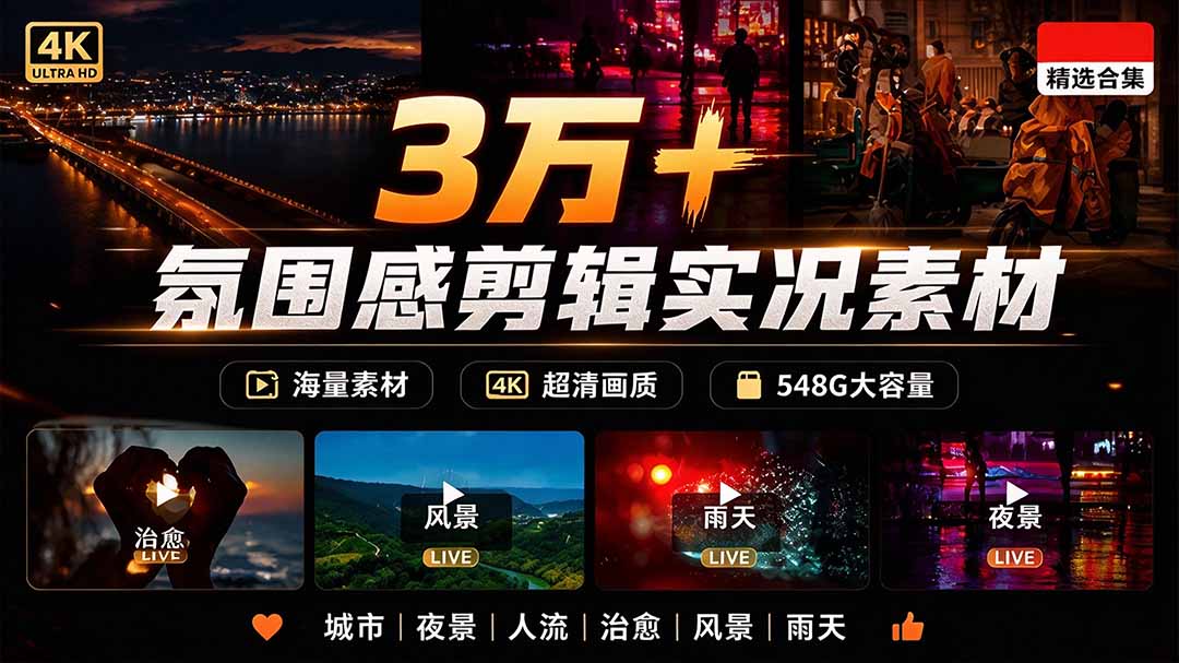 （21009期）氛围感3万+海量高清剪辑实况素材，含雨天、雪天、夜景、街道等经典场景，伤感唯美励志短视频无水印素材-小二项目网