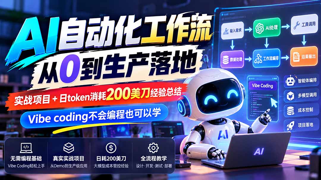 （20954期）【无水印】AI自动化工作流从0到生产落地，实战项目+日token消耗200美刀经验总结，Vibe coding不会编程也可以学-小二项目网