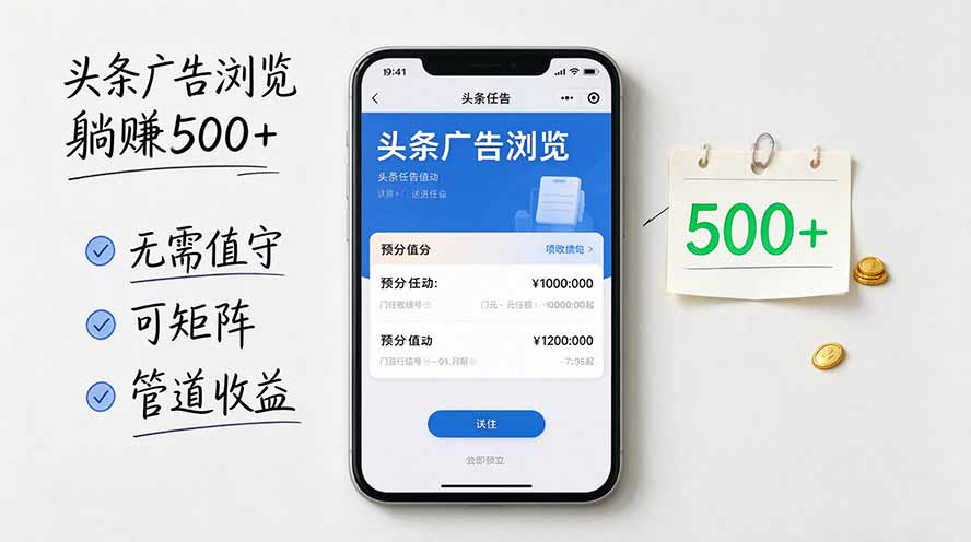 (20835期)头条广告浏览躺赚500+无需值守,可矩阵并附有管道收益-小二项目网