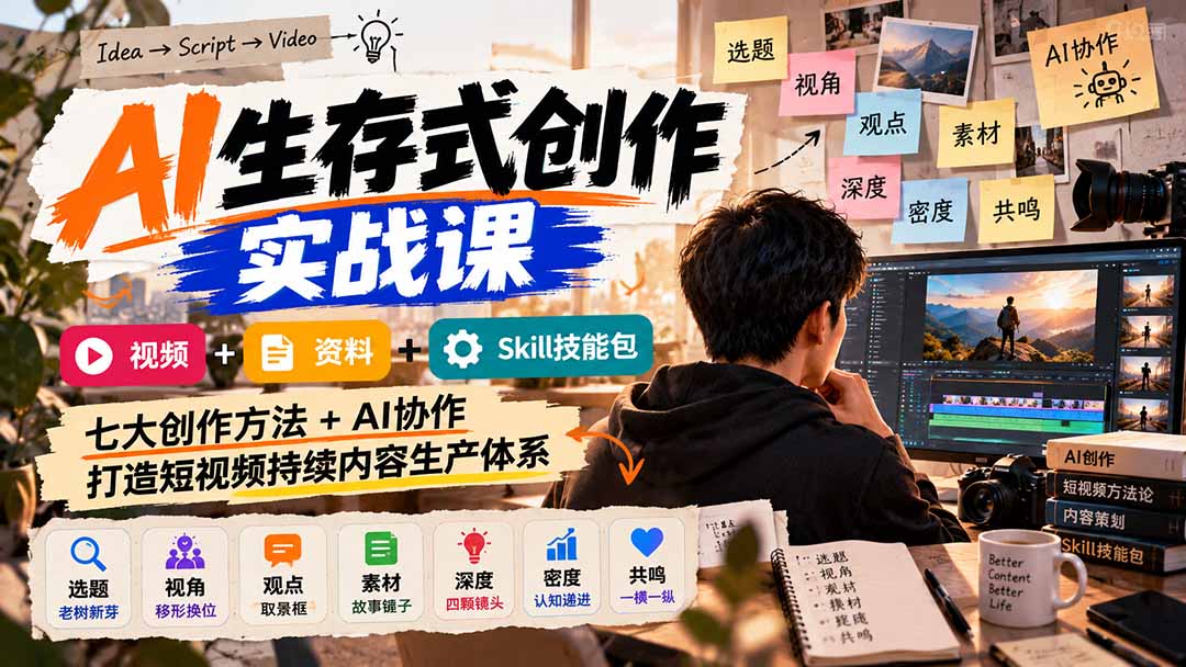 （21081期）AI生存式创作实战课：视频+资料+Skill技能包，七大创作方法+AI协作，打造短视频持续内容生产体系-小二项目网